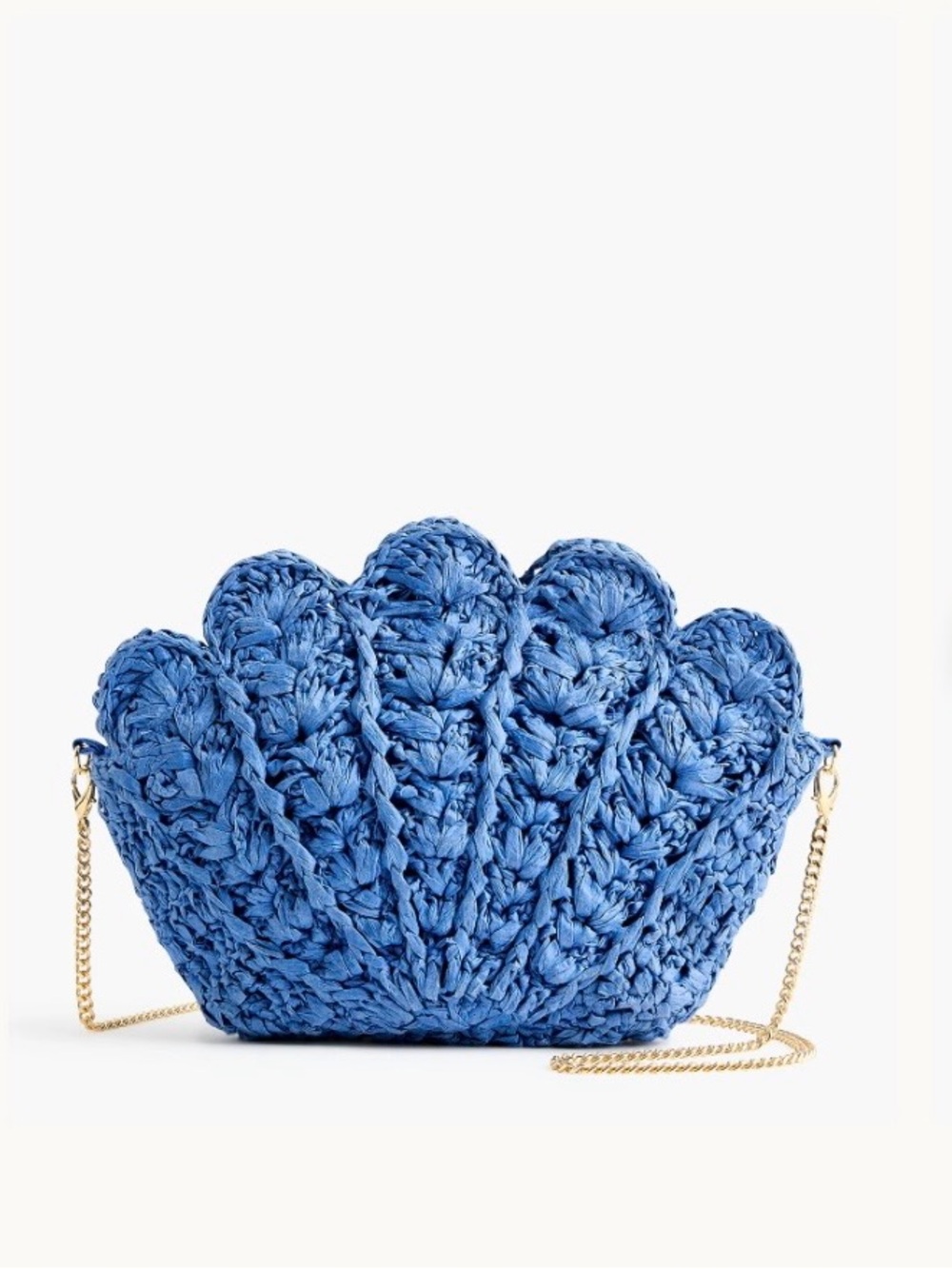 J. Crew Factory Blue Woven Shell Clutch featuring a gold-toned chain strap.NWT.